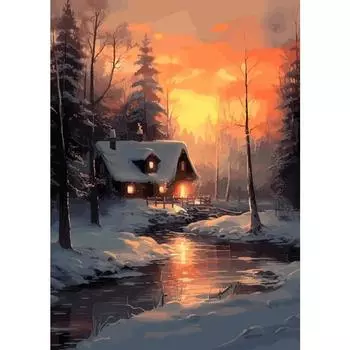 Зимний снежный пейзаж дом река луна лес лодка арт постер холст живопись настенные принты картина для гостиной домашний декор 21cm30cm NoFrame
