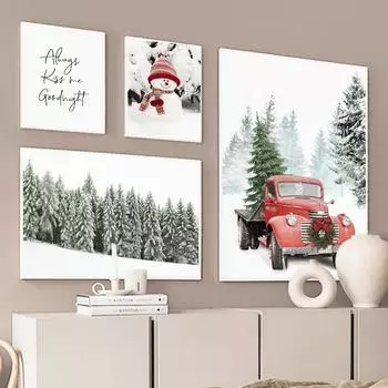 Зимний снежный пейзаж, картина на холсте, настенная живопись, Лось, сосновый лес, снеговик, плакат и принт для современного домашнего рождественского декора 21cm30cm NoFrame