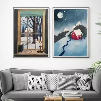 Зимний снежный пейзаж Картина на холсте Уютный вид из окна Фотопечать Постеры Скандинавское настенное искусство Картины Гостиная Домашний декор 21x30cm No Framed