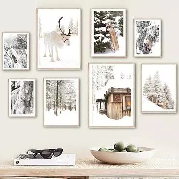 Зимний снежный пейзаж, картина, настенная живопись, холст, картина с лосем, полем, деревом, постер и принт для современного домашнего интерьера, декор для гостиной A4(21x30cm) No frame