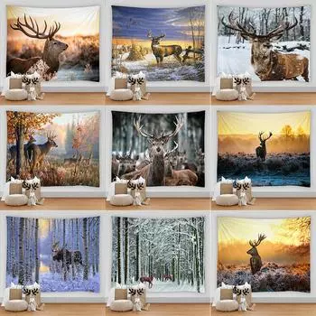 Зимний снежный пейзаж, украшение в виде лесного лося, гобелен с принтом, домашний гобелен для гостиной, спальни, украшения стены, гобелен 100x75cm