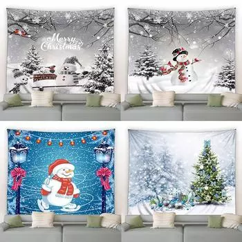 Зимний сосновый гобелен со снежинками, птицами, лесным парком, пейзажем, рождественским снеговиком, настенным ковром для спальни, красивой комнаты 100x75cm