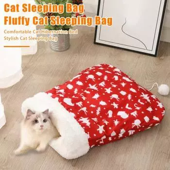 Зимний спальный мешок для кошек, мягкий плюшевый спальный мешок для больших кошек, согревающий на 360 градусов, уютная кровать для домашних животных, пещера для кошек весом 6-8 кг A