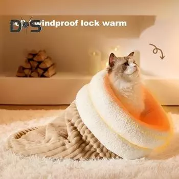 Зимний спальный мешок для кошек, плюшевая теплая кошачья кровать, пещера, обертывание на 360 градусов, согревающий коврик для кошек, спальный мешок для маленьких собак и кошек M коричневый