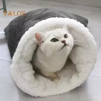 Зимний спальный мешок для кошек, уютная теплая кровать-пещера для кошек, покрытая фланелью, согревающая на 360 градусов, кровать-туннель для кошек для котят и щенков темно-синий