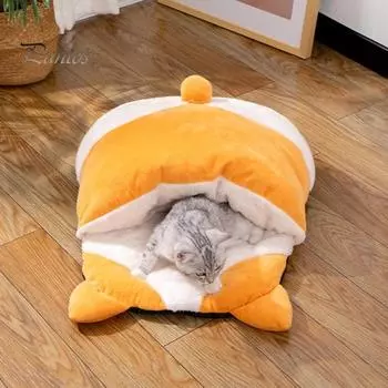 Зимний спальный мешок для кошек, уютная теплая кровать-гнездо для кошек, большой плюшевый спальный мешок для домашних животных с 360-градусным всесторонним теплом для домашних кошек жёлтый
