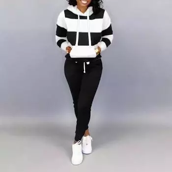 Зимний спортивный костюм женский комплект из 2 предметов толстовки с принтом + брюки спортивная одежда женский спортивный костюм толстовка с капюшоном комплект женская зимняя одежда L чёрный