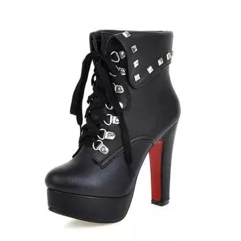 Зимний стиль Толстые высокие каблуки Заклепки Шнуровка Ботильоны Платформа Женские ботинки Осенняя обувь Женские челси Ботильоны Высокие каблуки 35