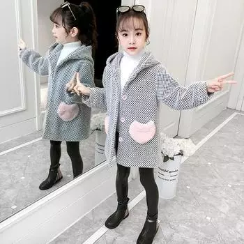 Зимний свитер для девочек, верхняя одежда из хлопка, детская повседневная шерстяная куртка с отложным воротником в клетку для девочек, одежда 80cm серый