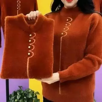 Зимний свитер для мам из флиса с утолщенной норкой 2025 года, женский свободный топ, короткая трикотажная нижняя рубашка S recommends 70-40kg