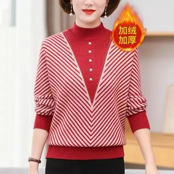 Зимний свитер для мамы с толстой бархатной основой. Поддельные вязаные свитера для людей среднего и пожилого возраста. L красный