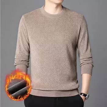 Зимний свитер для мужчин молодого и среднего возраста с бархатом и утолщенным круглым вырезом, теплый топ, модный и универсальный, однотонный, с узором «переплетение» M