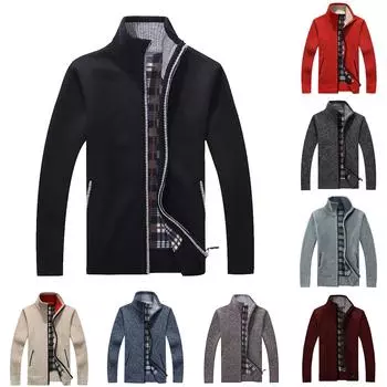 Зимний свитер, кардиган, мужской плюшевый утолщенный свитер, воротник-стойка, свободное теплое пальто на молнии L бежевый