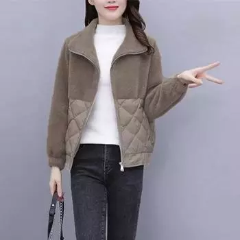 Зимний свитер на молнии из овечьей шерсти, женское хлопковое пальто, утолщенное плюшевое пальто S кофейный