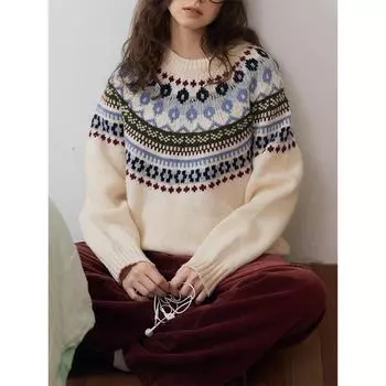 Зимний свитер Nordic Light Retro с рукавами реглан Fair Isle для женщин 2024 года One Size абрикосовый