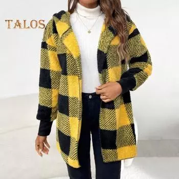 Зимний свитер, пальто с принтом в клетку, с капюшоном, толстый ветрозащитный кардиган с открытой строчкой, верхняя одежда, куртка средней длины из плюша для школьных путешествий S красный