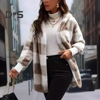 Зимний свитер, пальто с принтом в клетку, с капюшоном, толстый ветрозащитный кардиган с открытой строчкой, верхняя одежда, куртка средней длины из плюша для школьных путешествий S темно-коричневого