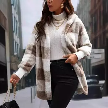 Зимний свитер, пальто с принтом в клетку, с капюшоном, толстый ветрозащитный кардиган с открытой строчкой, верхняя одежда, куртка средней длины из плюша для школьных путешествий M темно-коричневого