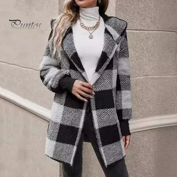 Зимний свитер, пальто с принтом в клетку, с капюшоном, толстый ветрозащитный кардиган с открытой строчкой, верхняя одежда, куртка средней длины из плюша для школьных путешествий S темно-коричневого