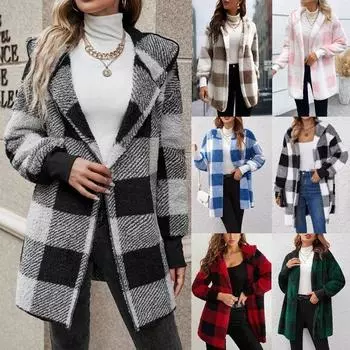 Зимний свитер, пальто с принтом в клетку, с капюшоном, толстый ветрозащитный кардиган с открытой строчкой, верхняя одежда, куртка средней длины из плюша для школьных путешествий S небесно-голубой