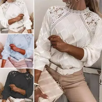 Зимний свитер с длинным рукавом, женский повседневный теплый утолщенный кружевной однотонный свитер с вышивкой и цветочным принтом, джемпер, уличная одежда XL белый