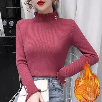 Зимний свитер с воротником на плюшевой подкладке, теплые тонкие топы с длинными рукавами, утепленные мягкие вязаные женские свитера S чёрный