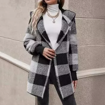 Зимний свитер Yousheng, пальто с клетчатым принтом, капюшон, толстый ветрозащитный кардиган с открытыми стежками, верхняя одежда, куртка средней длины из пушистого плюша для школьных путешествий S небесно-голубой