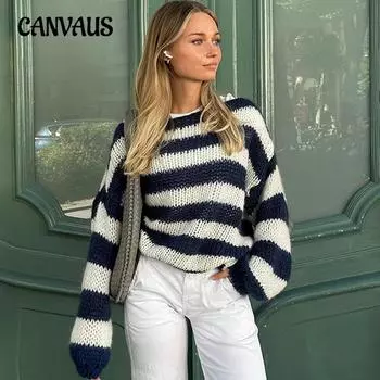 Зимний свитер женский с круглым вырезом в полоску свободный напускной длинный рукав вязаный свитер S синий