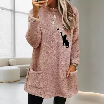 Зимний свитшот средней длины с круглым вырезом и длинными рукавами и карманами, женский флисовый пуловер свободного покроя с вышивкой кота 2XL чёрный