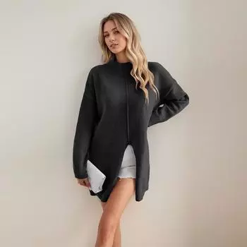 Зимний свободный свитер средней длины с разрезом, женский, с длинным рукавом, однотонный, с полувысоким воротом, модный вязаный пуловер S чёрный