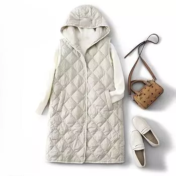 Зимний свободный утягивающий жилет с капюшоном средней длины жилет женский жилет M белый