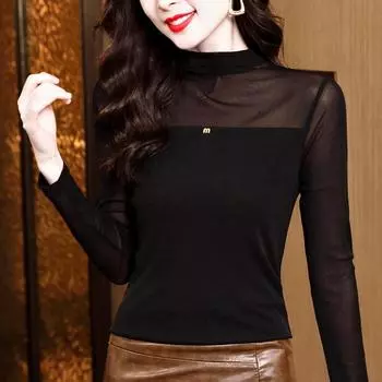 Зимний темперамент, универсальная рубашка с полувысоким воротом, облегающая рубашка с длинными рукавами и сетчатой основой, футболки для женщин M чёрный