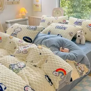 Зимний теплый бархатный комплект постельного белья, утолщенный плюшевый пододеяльник, комплект, чехол для матраса на двуспальной кровати, простыни на резинке, наволочки, пододеяльник Flat Bed Sheet&200x230cm-4pc set