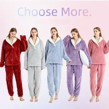 Зимний теплый бархатный пижамный комплект из двух предметов для женщин, фланелевая домашняя атласная одежда для сна, модная плюшевая, шелковая, мягкая одежда для сна XXL(70-85kg) розовый