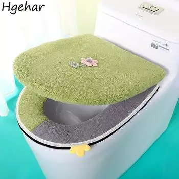 Зимний теплый чехол для сиденья унитаза с рисунком, моющиеся аксессуары для ванной комнаты, чехол для табурета, универсальная переносная подушка для крышки, 2 шт.