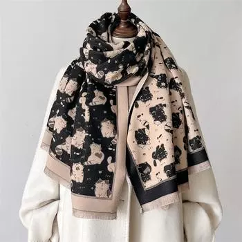 Зимний теплый кашемировый шарф с принтом кошки для женщин, роскошное толстое одеяло, шаль, накидка, шейный платок из пашмины, женское пончо Echarpe