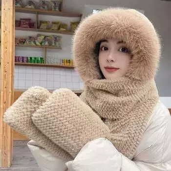 Зимний теплый комплект из трех предметов, шапка из искусственного меха кролика, интегрированный комплект из нескольких предметов, шапка для велоспорта, шарф, перчатки, цельная шапка розовый