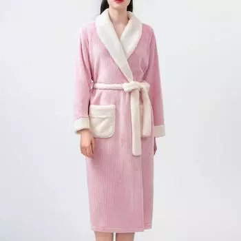 Зимний теплый коралловый бархатный халат-кимоно, платье, утолщенная фланель, женская пижама, домашняя одежда, свободная домашняя одежда M розовый