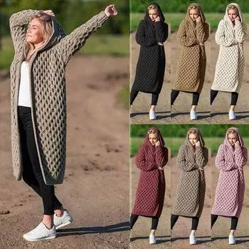 Зимний теплый новый модный женский длинный вязаный свитер с капюшоном, кардиган, пальто XXXL бежевый