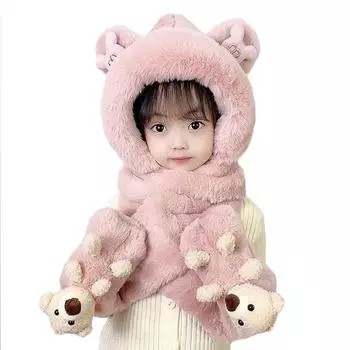 Зимний теплый плюшевый комплект шапка, шарф и перчатки 3-в-1 с длинным шарфом, с капюшоном, ветрозащитный, пушистый, мягкий, для малышей