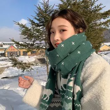 Зимний теплый шарф для женщин и мужчин, двусторонние вязаные шарфы с изображением оленя и лося, универсальная шерстяная шаль для девочек, рождественский подарок