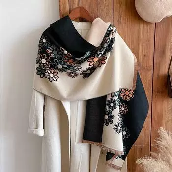 Зимний теплый шарф женский цветочный шарф толстый теплый шарф длинный бахромчатый шаль одеяло 192CMx62CM кофейный