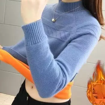 Зимний теплый свитер с полуводолазкой, утепленные топы с длинными рукавами, трикотаж на плюшевой подкладке, пуловер, тонкие мягкие свитера для женщин S чёрный