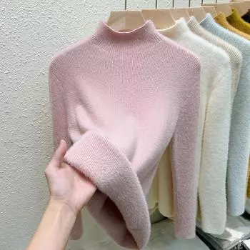 Зимний толстый бархатный мягкий теплый женский пуловер, свитер с полувысоким воротом, вязаный женский свитер, элегантный свободный плюшевый однотонный повседневный женский трикотаж 25229 S чёрный