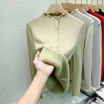 Зимний толстый теплый плюшевый бархатный пуловер, свитер для женщин, модный полувысокий воротник, флисовая основа, вязаные свитера, женские винтажные кардиганы с оборками 25219 S чёрный