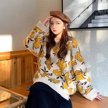 Зимний толстый теплый женский свитер, свободный винтажный вязаный топ с принтом розы One Size чёрный