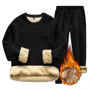 Зимний утепленный и теплый мужской костюм из овечьей шерсти, толстый бархатный свитер + брюки, костюм из двух частей больших размеров S