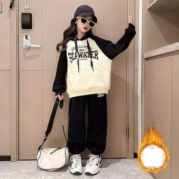 Зимний утепленный костюм для девочек среднего и старшего возраста, теплый свитер с капюшоном + штаны, комплект из двух предметов 150