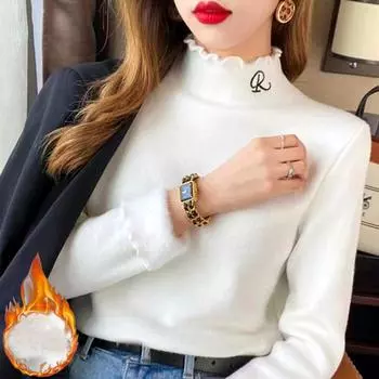 Зимний утолщенный бархатный свитер с оборками и высоким воротом, женская мода, теплая вышивка с буквами, вязаный свитер, тонкие топы, трикотажный джемпер One Size