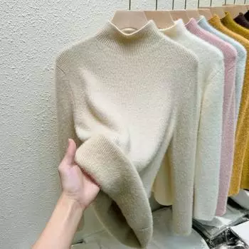 Зимний утолщенный флисовый женский свитер с высоким воротом, новый вязаный свободный топ, модный повседневный элегантный пуловер, женский свитер, одежда 1883 S чёрный